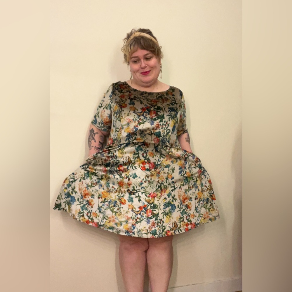 Size 20W champagne velvet dress w/ vibrant botanical print by eShakti